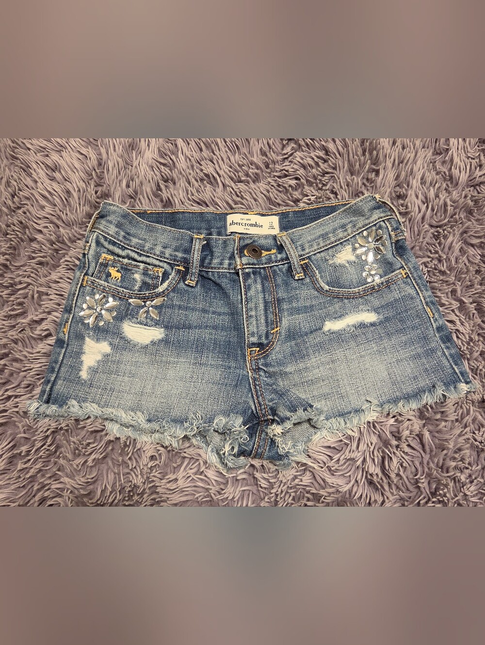 Abercrombie & Fitch Blue Denim Distressed Floral-Embellished Girls Shorts Sz 12